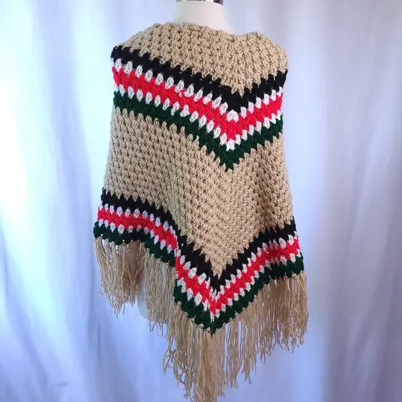 Handcrafted Brown Red Chevron Stripe Crochet Poncho Fringe Sweater Small/Medium - Picture 6 of 6